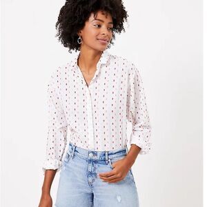 Loft White Clip Swiss Dot Button Front Relaxed Long Sleeve Blouse NWT